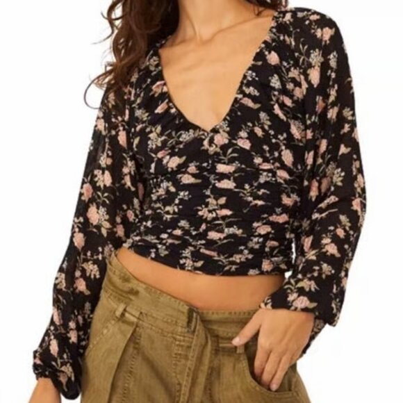 Free People Final Rose Black Floral Ruched Balloon Sleeve Blouse. Size L. - Picture 1 of 14